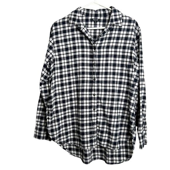 Madewell Womens Oversized Side Button Shirt Medium Flannel Plaid Black White - Picture 1 of 9
